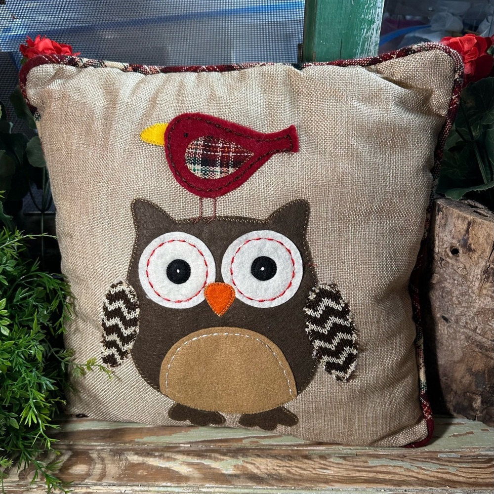 Vintage Square Owl and Bird Decorative Accent Pillow Cottage Core Earth Tones - Picture 8 of 8